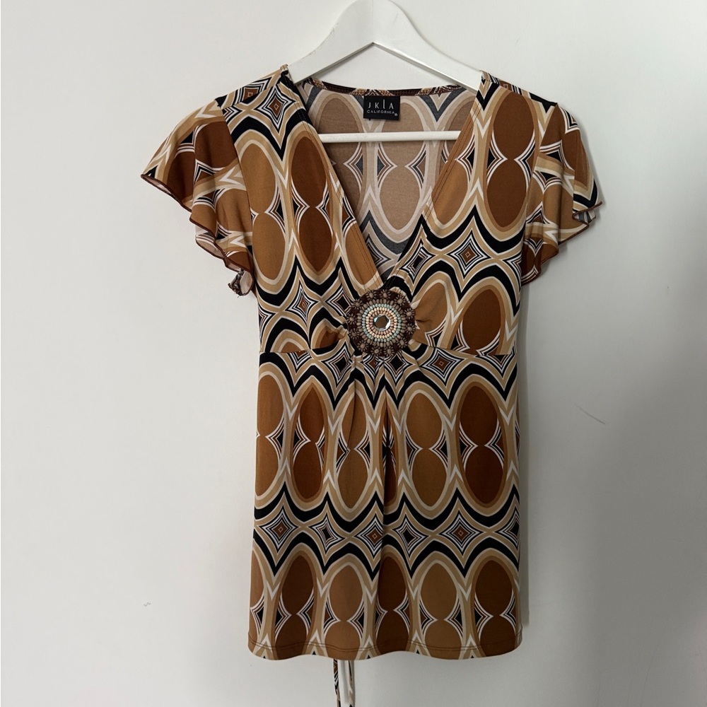 Geometric Patterned Blouse in Tan and Brown